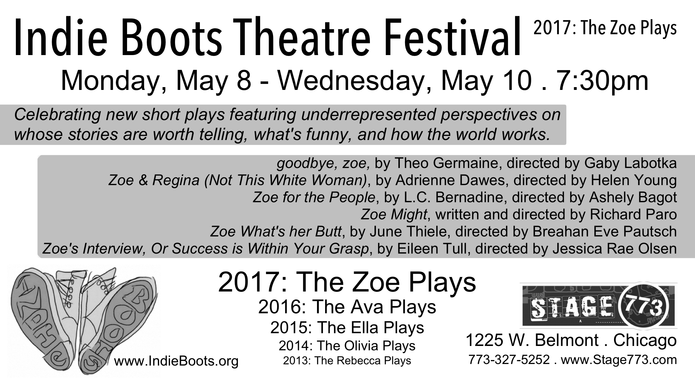 Indie Boots Theatre Festival 2017: The Zoe Plays postcard listing plays, writers, and directors